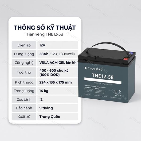 Thông số kỹ thuật ắc quy Thiên Năng TNE12-58 12V 58Ah VRLA AGM GEL miễn bảo dưỡng