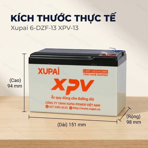 Kích thước ắc quy Xupai 6-DZF-13 XPV-13: dài 151mm, rộng 98mm, cao 94mm