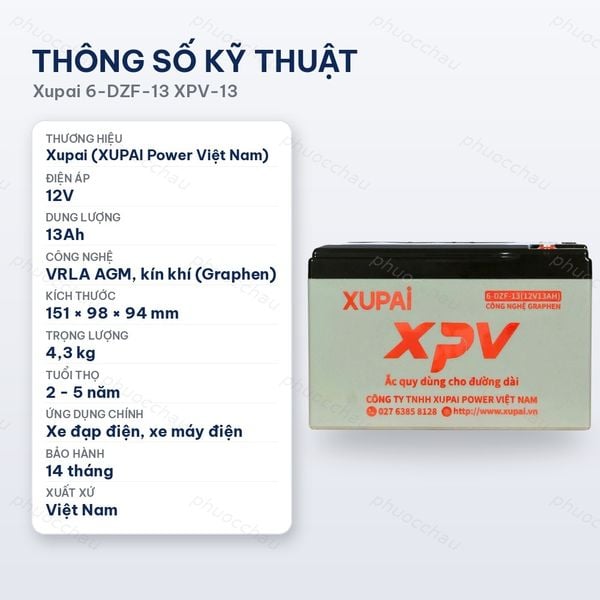 Thông số kỹ thuật ắc quy Xupai 6-DZF-13 XPV-13 12V 13Ah kín khí VRLA AGM