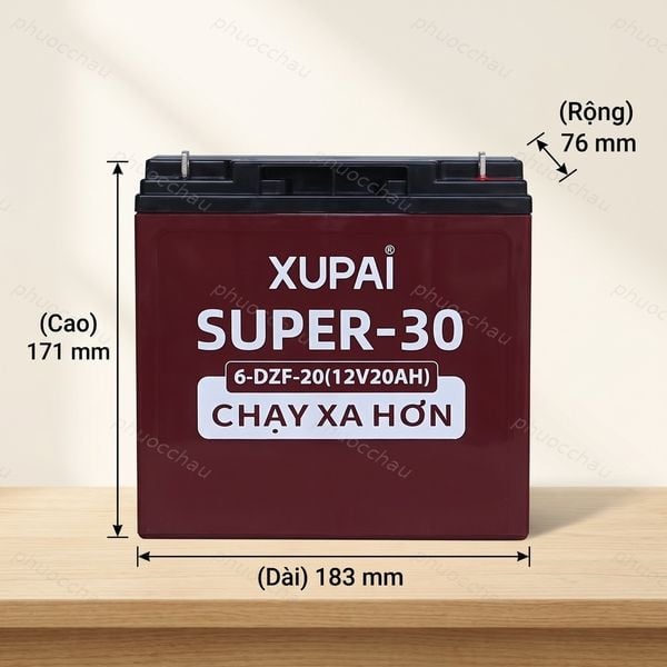 Kích thước ắc quy Xupai 6-DZF-20 Super-30: dài 183mm, rộng 76mm, cao 171mm