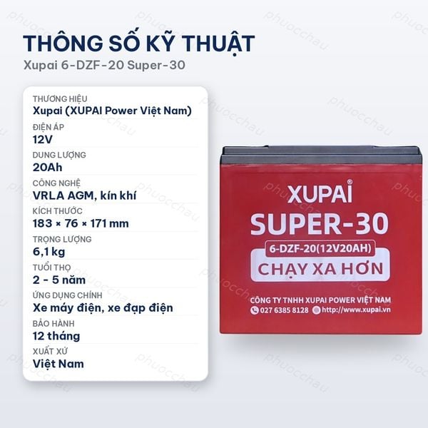 Thông số kỹ thuật ắc quy Xupai 6-DZF-20 Super-30 12V 20Ah kín khí VRLA AGM
