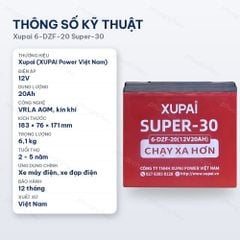 Thông số kỹ thuật ắc quy Xupai 6-DZF-20 Super-30 12V 20Ah kín khí VRLA AGM