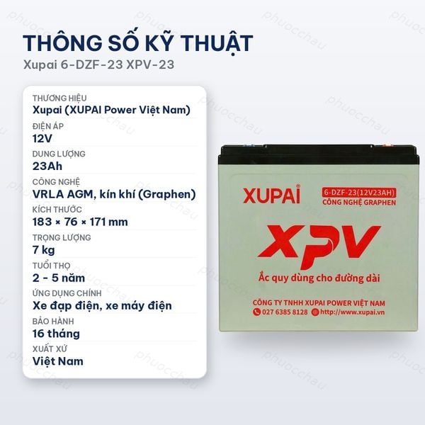 Thông số kỹ thuật ắc quy Xupai 6-DZF-23 XPV-23 12V 23Ah kín khí VRLA AGM