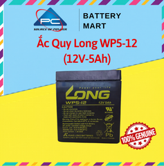 Ắc quy Long WP5-12 12V 5Ah nhìn chính diện trên nền vàng xanh có logo Battery Mart