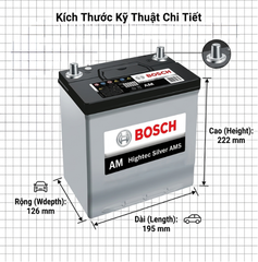 Bình ắc quy BOSCH 55B19L 12V-41AH sơ đồ kích thước chi tiết dài 195mm rộng 126mm cao 222mm