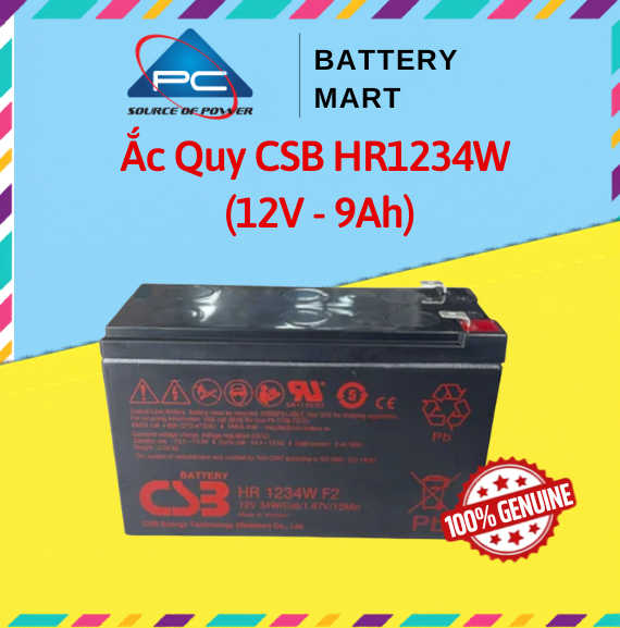 Ắc quy CSB HR1234W 12V 9Ah ảnh quảng cáo sản phẩm góc nghiêng, tem đỏ và logo chính hãng