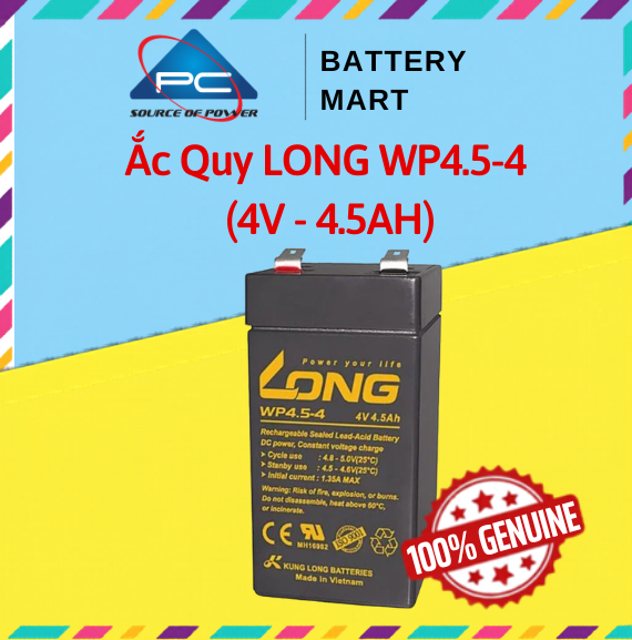 Ắc quy Long WP4.5-4 4V 4.5Ah ảnh quảng cáo nền xanh vàng, bình đen tem vàng, logo PC Battery Mart và tem đỏ 100% Genuine