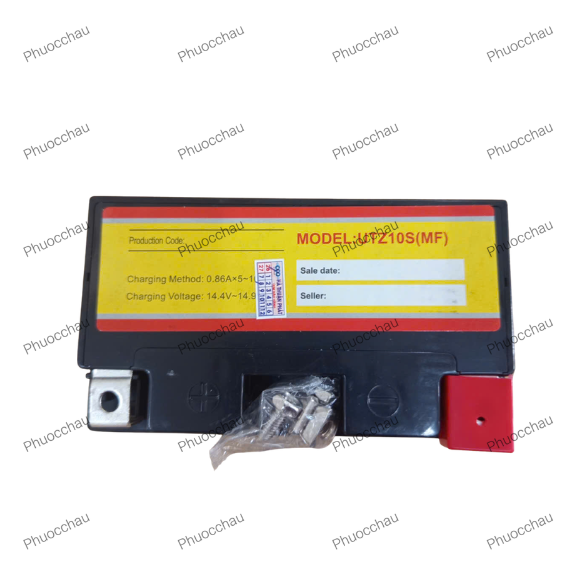 Bình ắc quy xe mô tô phân khối lớn OUTDO UTZ10S 12V 8.6Ah mặt trước tem vàng ghi model UTZ10S(MF) kèm ốc vít