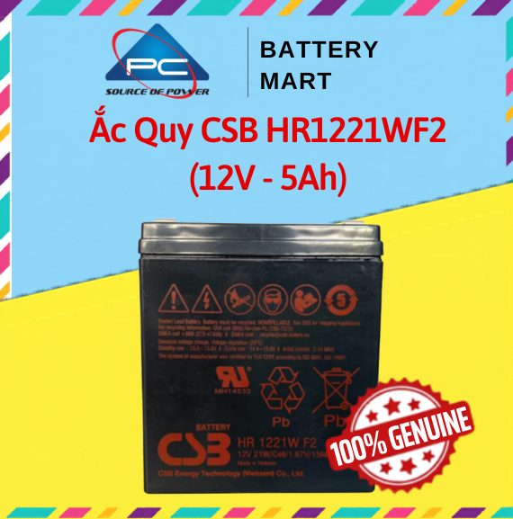 Ắc quy CSB HR1221WF2 12V 5Ah ảnh quảng cáo sản phẩm, vỏ đen, tem CSB và huy hiệu 100% Genuine