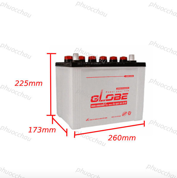 Bình ắc quy Globe N50 12V 50Ah kích thước dài 260mm rộng 173mm cao 225mm