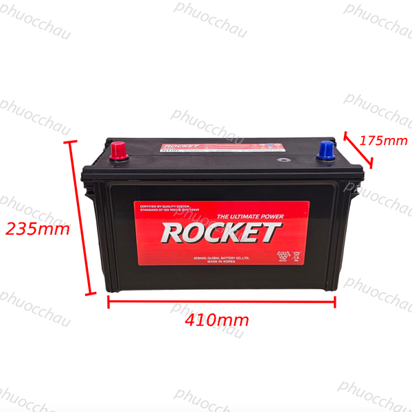 Ắc quy ROCKET SMF N100 12V-100Ah kèm số đo kích thước dài 410mm rộng 175mm cao 235mm