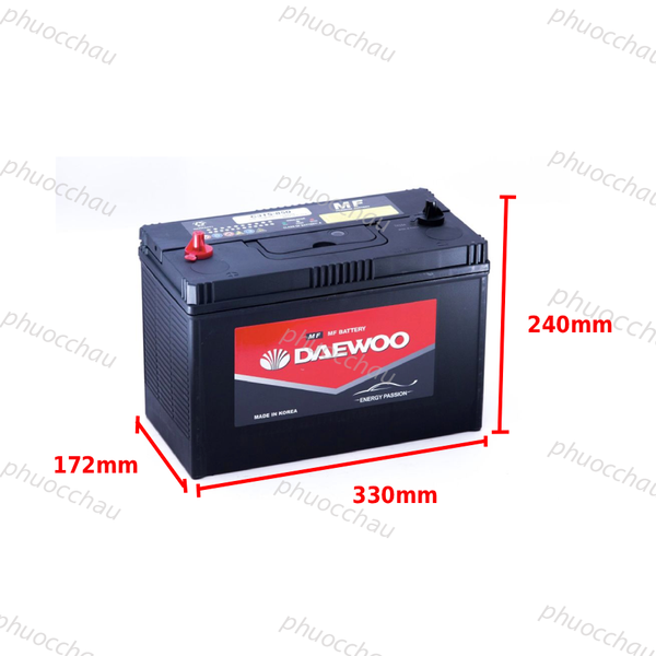 Ắc quy Daewoo C31S-850 12V 100AH góc nghiêng trái kèm số đo 330x172x240mm