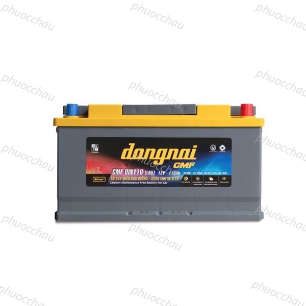 Bình ắc quy Đồng Nai CMF DIN110 LN5 12V 110Ah chính diện, tem Silver và dòng chữ Calcium Maintenance Free