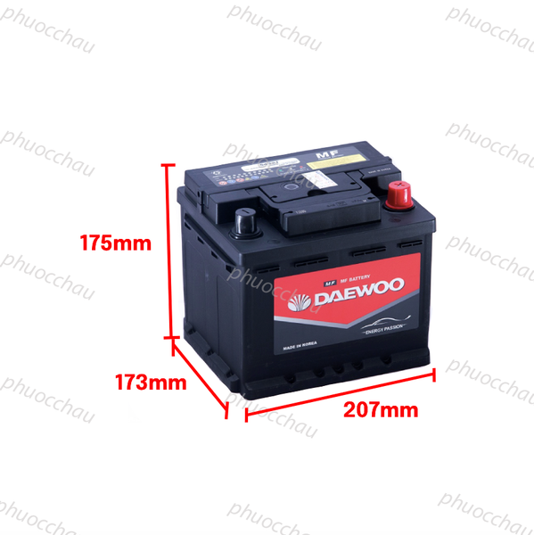 Ắc quy Daewoo DIN 54321 12V 43AH - Hình ảnh kích thước dài 207mm rộng 173mm cao 175mm