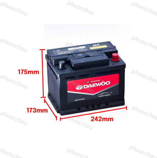 Ắc quy Daewoo DIN 55457 12V 54AH - Ảnh kích thước dài 242mm rộng 173mm cao 175mm