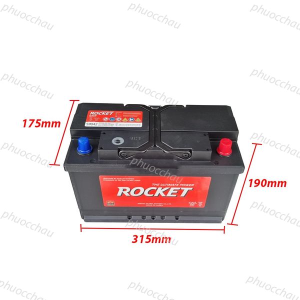 Bình ắc quy ROCKET SMF 59042 12V-90Ah nghiêng trái kèm số đo kích thước 315mm x 175mm x 190mm