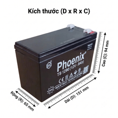 Bình ắc quy khô PHOENIX TS1290 12V 9Ah hình chiếu kích thước dài 151mm rộng 65mm cao 102mm