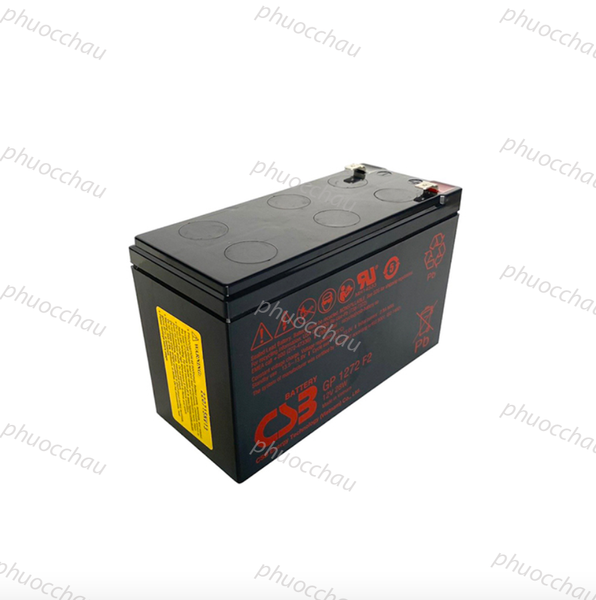 Bình ắc quy CSB GP1272F2 12V 7.2Ah lưu điện, góc nghiêng trái lộ tem vàng và tem đỏ GP 1272 F2
