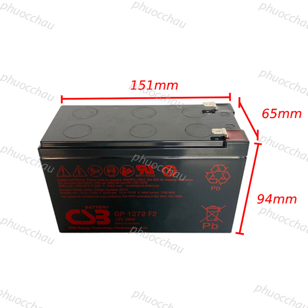 Ắc quy CSB GP1272F2 12V 7.2Ah lưu điện, ảnh nghiêng phải kèm số đo kích thước 151mm x 65mm x 94mm