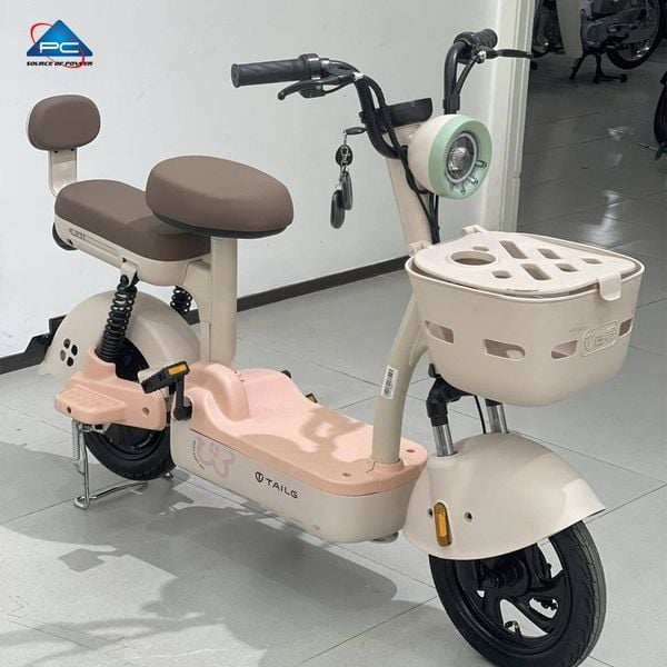 Xe đạp điện TaiLG JY33 nhìn từ bên trái, yên da nâu, giỏ trước màu kem, logo TaiLG trên thân xe