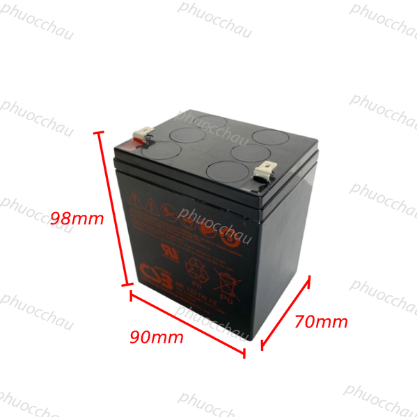 Ắc quy CSB HR1221WF2 12V 5Ah chuyên lưu điện, ảnh kích thước dài 90mm, rộng 70mm, cao 98mm