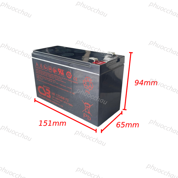 Ắc quy CSB HR1234W 12V 9Ah kích thước dài 151mm rộng 65mm cao 94mm, tem đỏ vỏ đen