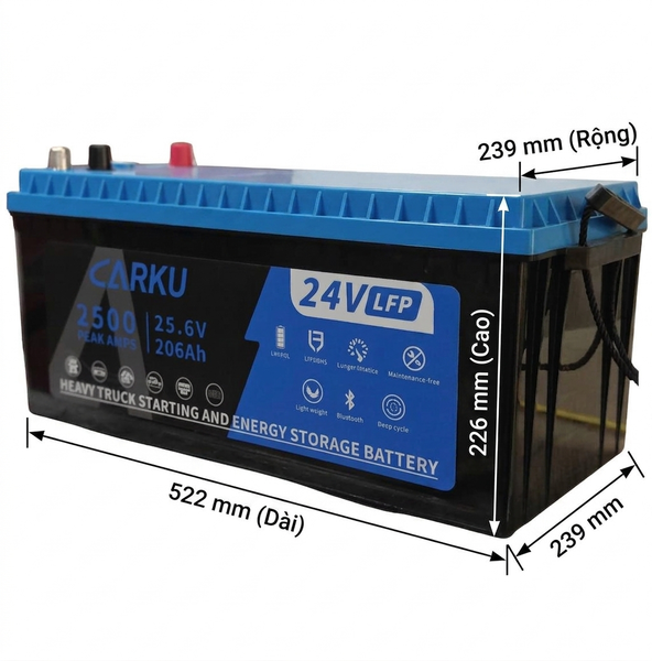 Ắc quy Carku CB-11B 24V 206Ah xe tải Howo, bản vẽ kích thước dài 522mm rộng 239mm cao 226mm