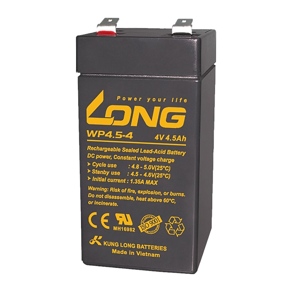 Bình ắc quy Long WP4.5-4 4V 4.5Ah chính diện nền trắng, vỏ đen tem vàng, 2 cọc dẹt F1/F2 có nắp đỏ, logo LONG Power your life, Made in Vietnam