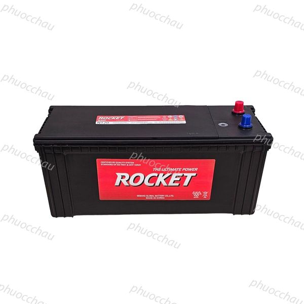 Bình ắc quy ROCKET SMF N120 12V-120Ah góc nghiêng phải, tem đỏ The Ultimate Power, nắp bình tem N120, 2 cọc đỏ xanh