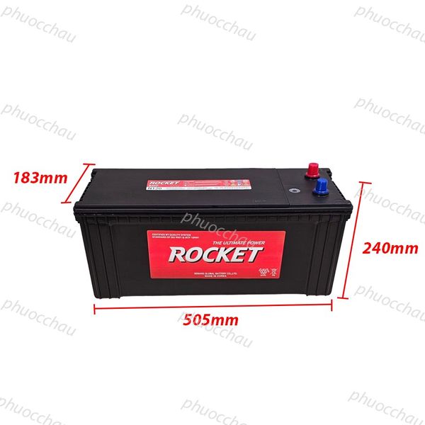 Bình ắc quy ROCKET SMF N120 12V-120Ah nhìn từ trên với số đo kích thước dài 505mm, cao 240mm, rộng 183mm