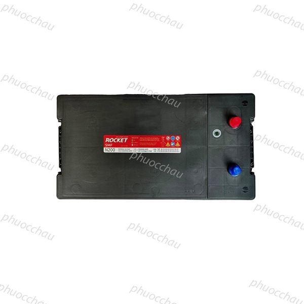 Bình ắc quy ROCKET SMF N200 12V-200Ah nhìn từ trên xuống, tem đỏ ROCKET SMF N200, vỏ đen, 2 cọc đỏ xanh