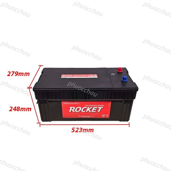 Ắc quy ROCKET SMF N200 12V-200Ah mặt nghiêng phải kèm số đo dài 523mm rộng 279mm cao 248mm
