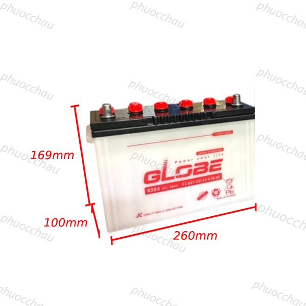 Bình ắc quy Globe N30A 12V 30Ah kích thước dài 260mm rộng 100mm cao 169mm