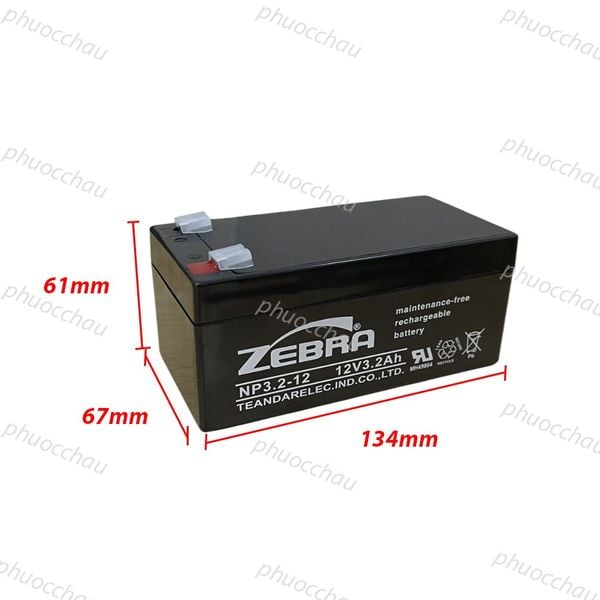 Ắc quy Zebra NP3.2-12 12V 3.2Ah kích thước dài 134mm rộng 67mm cao 61mm