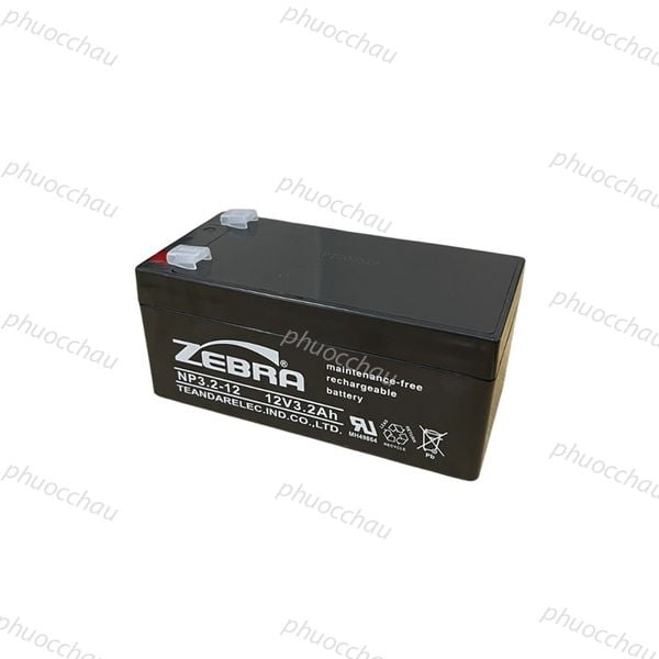 Bình ắc quy Zebra NP3.2-12 12V 3.2Ah góc nghiêng phải, tem nhãn maintenance-free in rõ trên vỏ đen