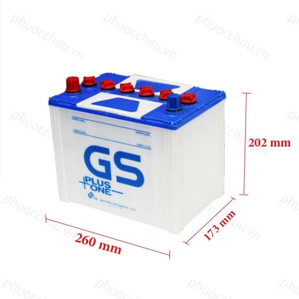 Ắc quy GS NS70 12V-65AH bản vẽ kích thước dài 260mm rộng 173mm cao 202mm mặt nghiêng