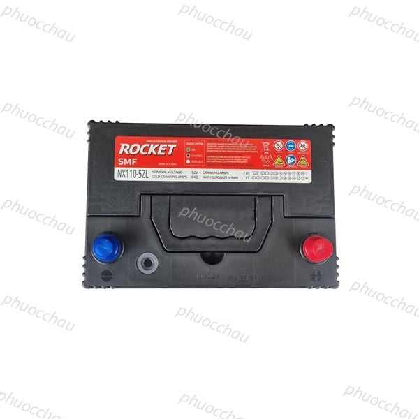 Bình ắc quy ROCKET SMF NX110-5ZL 12V-75Ah nhìn từ trên, cọc bình xanh đỏ và tem chỉ báo INDICATOR OK