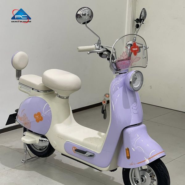Xe đạp điện TaiLG JS50 màu tím pastel, góc nghiêng phải, yên xe màu kem, kính chắn gió và tem hoa sen