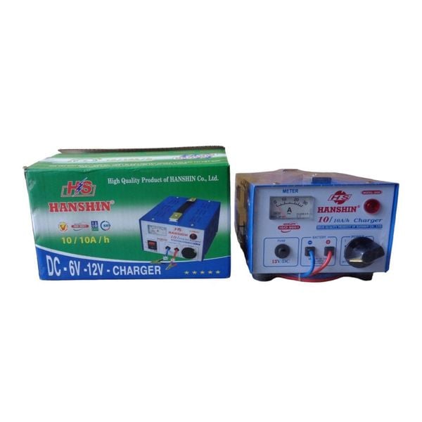 Máy sạc ắc quy HanShin 10A 12V tăng giảm kèm vỏ hộp xanh, in dòng DC 6V-12V Charger và hình sản phẩm