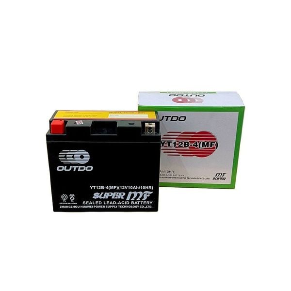Bình ắc quy xe moto OUTDO YT12B-BS 12V 10AH kèm vỏ hộp giấy xanh trắng in logo và mã YT12B-4(MF)