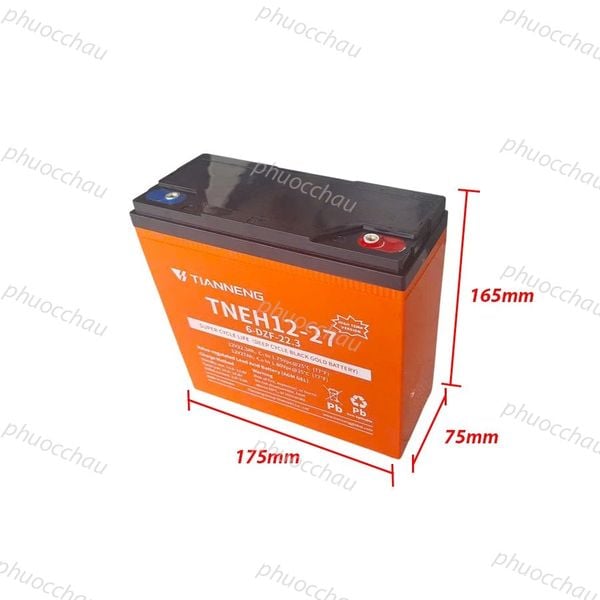 Ắc quy Thiên Năng TIANNENG TNEH12-27 12V-27AH góc nghiêng trái kèm số đo 175x165x75mm