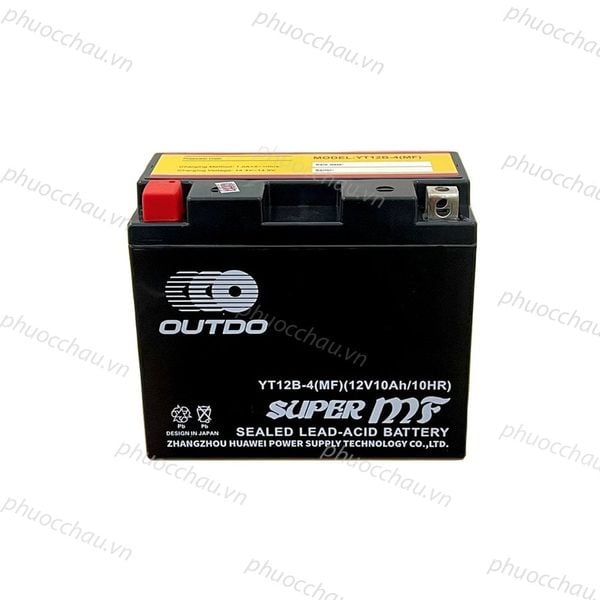 Bình ắc quy xe moto OUTDO YT12B-BS 12V 10AH mặt trước logo OUTDO nổi bật cùng dòng chữ Super MF và thông số 12V10Ah