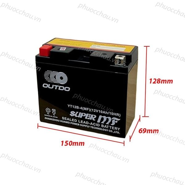 Bình ắc quy xe moto OUTDO YT12B-BS 12V 10AH góc nghiêng phải kèm số đo chiều cao 128mm và chiều sâu 69mm
