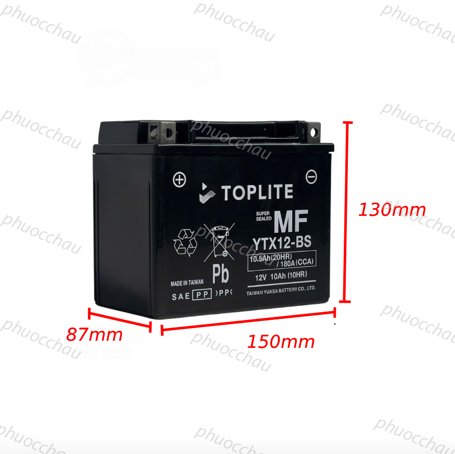 Ắc quy xe moto Toplite YTX12-BS 12V 10AH, dùng cho Suzuki B-King/Hayabusa, Honda, Kawasaki, Ducati, Triumph