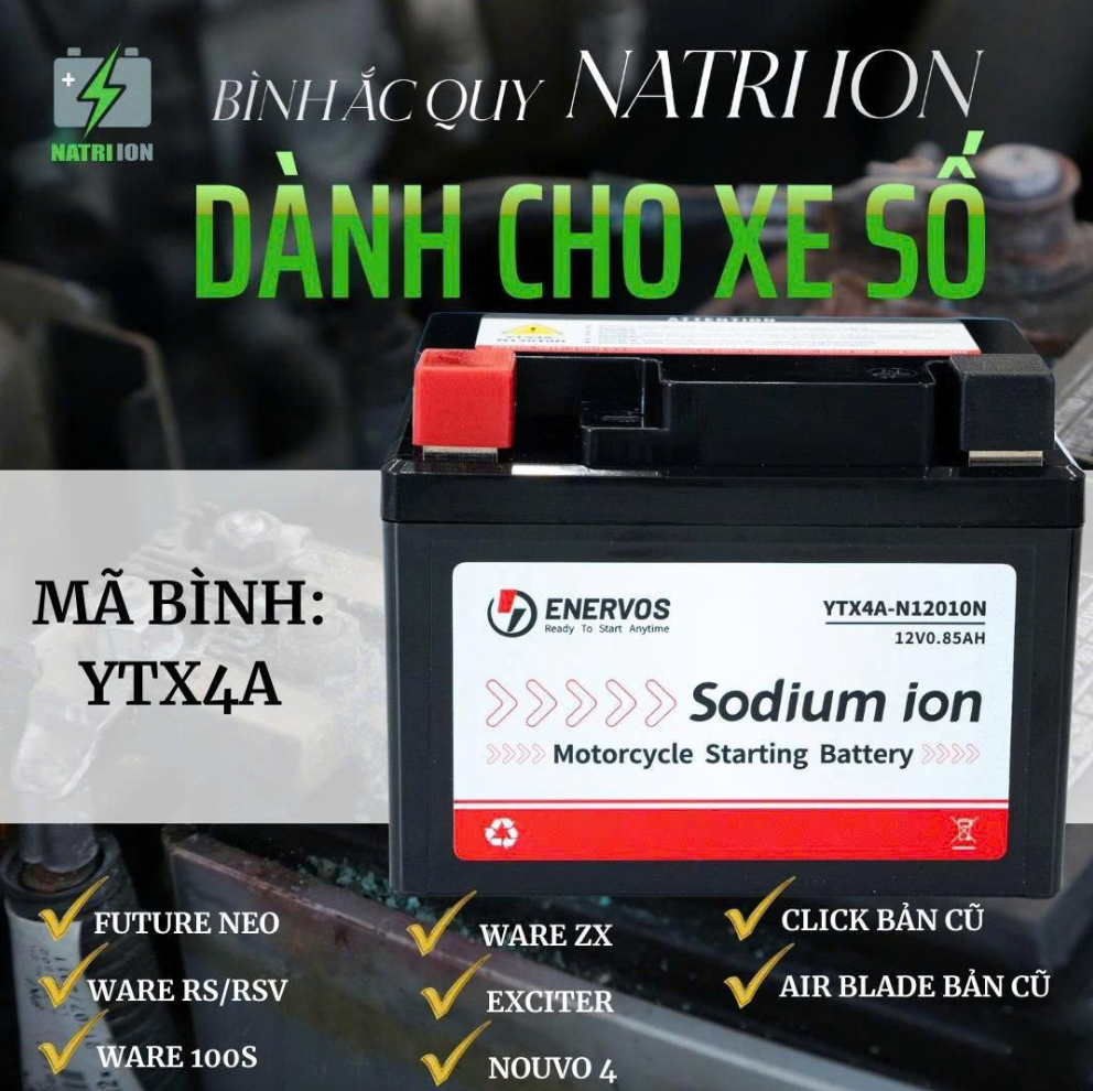 Bình Ắc Quy Xe Máy Natri iOn YTX4A 12V-4Ah dùng cho WAVE RS/RSV, FUTURE FI, AIR BLADE110, Nouvo456