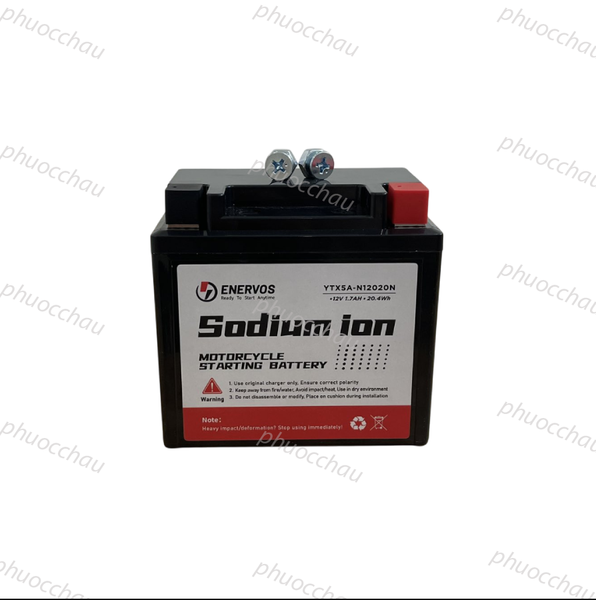 Bình ắc quy Natri iOn ENERVOS YTX5A 12V-1.7Ah nhìn chính diện, tem Sodium ion Motorcycle Starting Battery
