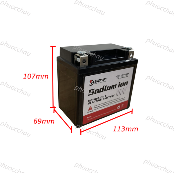 Bình ắc quy Natri iOn YTX5A 12V-5Ah kích thước dài 113mm rộng 69mm cao 107mm