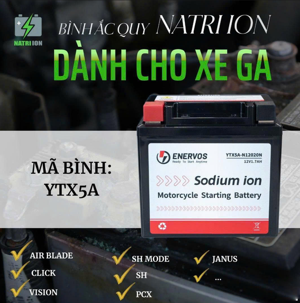 Ắc quy Natri iOn ENERVOS YTX5A 12V cho xe ga Vision SH Mode Air Blade Janus