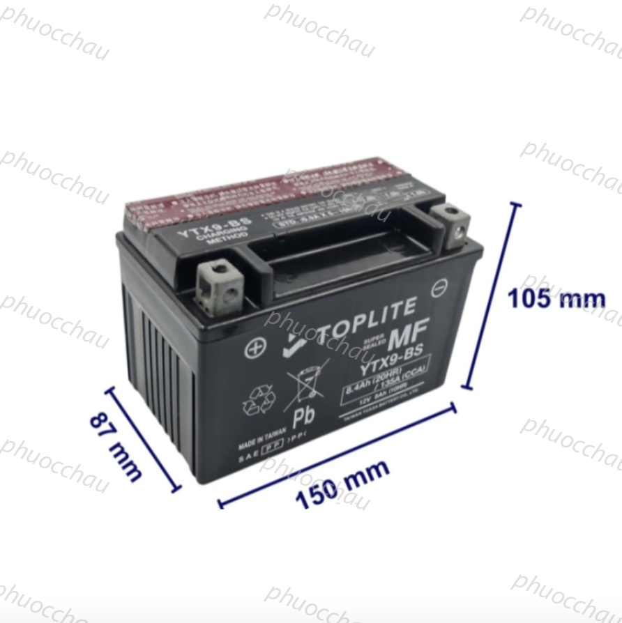 Ắc quy xe moto Toplite YTX9-BS 12V 8AH, dùng cho Honda, Yamaha, Piaggio, Kawasaki, Suzuki, Ducati, Harley Davidson.