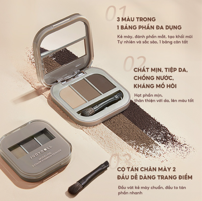 Bột Mày Judydoll 3 Ô 2.7g #02, Kết cấu bột mịn, mềm mại, dễ tán cho đôi lông mày hoàn hảo